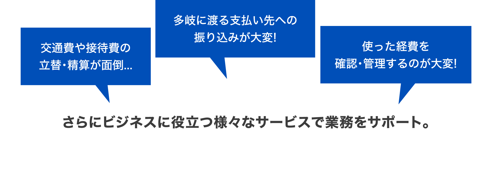 [交通費や接待費の立替・精算が面倒…] [多岐に渡る支払い先への振り込みが大変！] [使った経費を確認・管理するのが大変！] さらにビジネスに役立つ様々なサービスで業務をサポート。