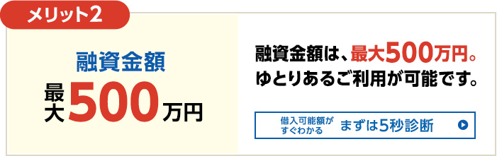 メリット2 融資金額は、最大500万円。ゆとりあるご利用が可能です。