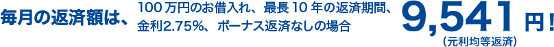 100万円のお借入れ、最長10年の返済期間、金利2.75%、ボーナス返済なしの場合　毎月の返済額は、9,541円！（元利均等返済）