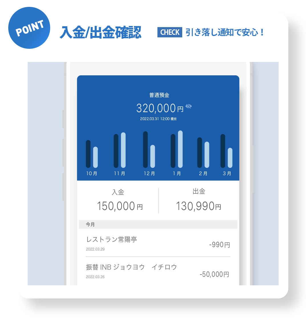 入金・出金確認（引き落とし通知で安心）
