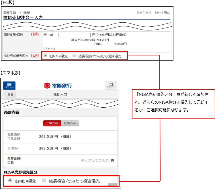 「NISA売却優先区分」欄が新しく追加され、どちらのNISA枠分を優先して売却するか、ご選択可能になります。