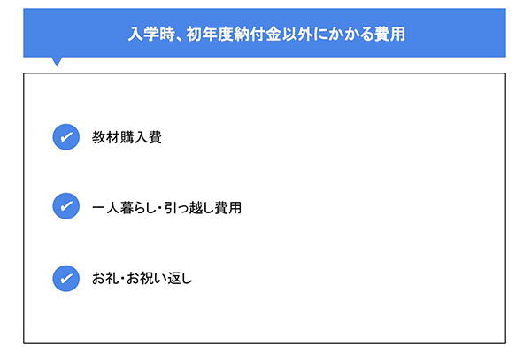 入学時、初年度納付金以外にかかる費用
