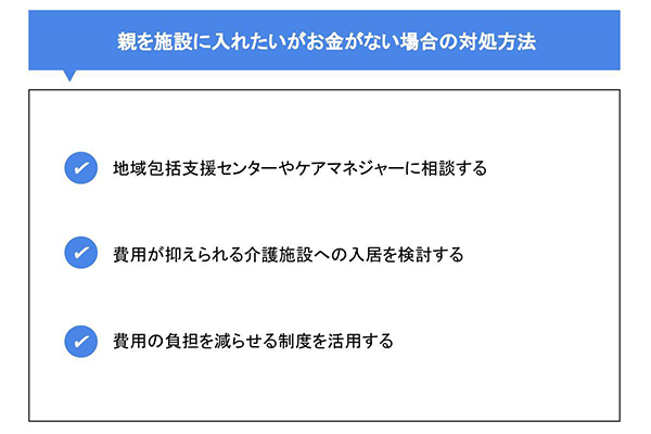 親を施設に入れたいがお金がない場合の対処方法